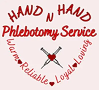 A pink heart with the words hand n hand phlebotomy service written in it.